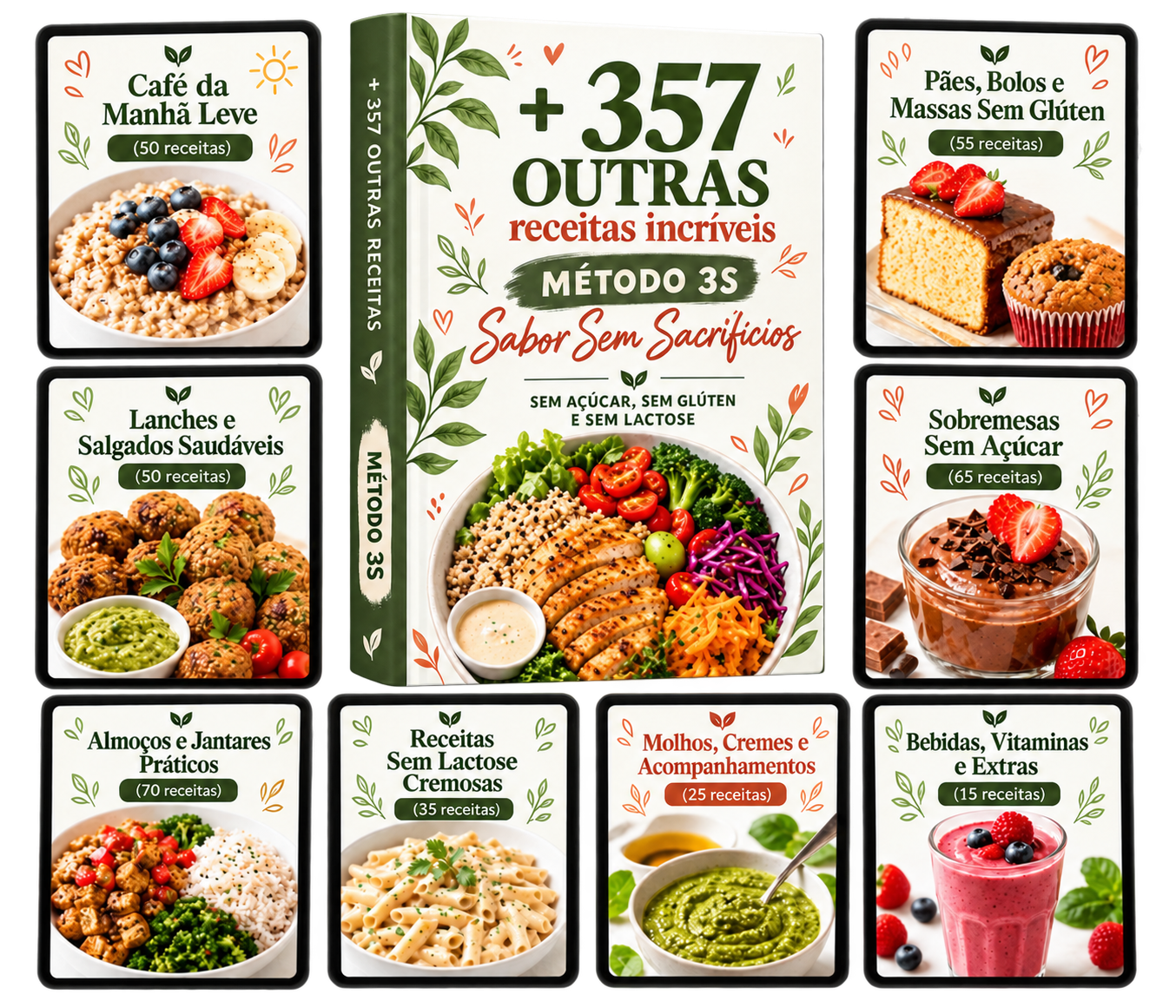Mosaico com prévia das 357 receitas extras do Método 3S